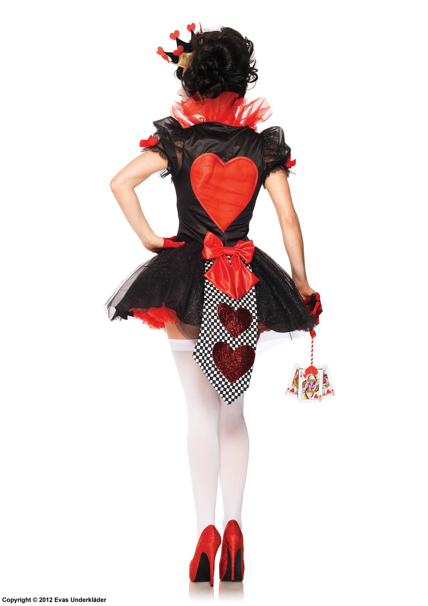 Röda Drottningen från Alice i Underlandet, maskeradklänning med puffärmar, hjärtan och glitter